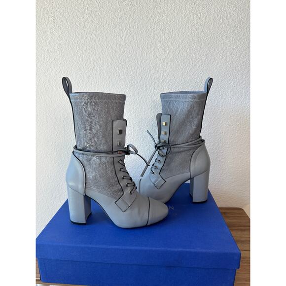 Stuart Weitzman Veruka Booties Gray Leather Lace-Up Block Heel Boots Sz 7 - Picture 3 of 5
